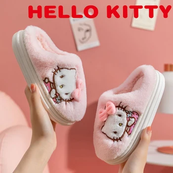 Hello Kitty de Iarna pentru Femei Acasă, Papuci de Fete Drăguț Toamna Caldura Gros de Pluș din PVC Non-Alunecare Pantofi de Agrement Moale Etaj Dormitor Copii