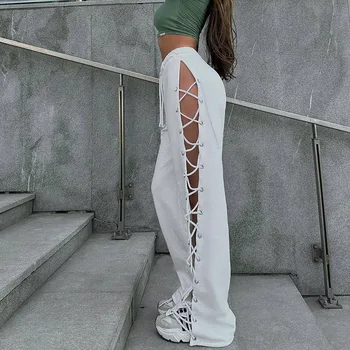 Solid Casual Split Bandaj Pantaloni pentru Femei de Vară 2023 Design de Înaltă Talie Cordon Drept Toate Pantaloni de Potrivire Streetwear