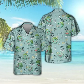 Noi Bulbasaur Tropicale Vibratii Hawaiian Tricou Barbati Maneca Scurta Camasa Buton Pokemon Pikachu de Plajă, tricouri Desene animate Copii Tricou