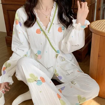 Primăvara și Toamna Pijamale Femei, Kimono Guler Maneca Lunga Pantaloni costum de Haine de Maternitate plus dimensiune Haine de Acasă