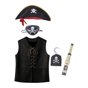 Copii Căpitan Pirat Costum Petrecere Temă de Halloween Cosplay fără Mâneci Dantelă-up Față Vesta cu Căciula la Ochi Telescop Cârlig