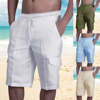 2024 Vara Barbati Casual Culoare Solidă Noua Lenjerie pantaloni Scurți de Buzunar Multi Bărbați Dantela-Up Bărbați Plaja Culoare Solidă Pantaloni M-3XL