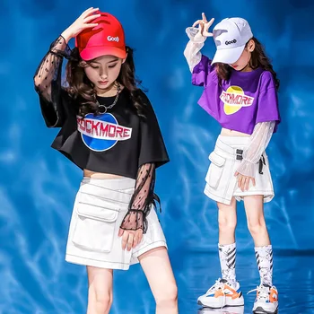 Copiii Hip Hop Dantela Tricou Mini Culottes Fete Jazz Crop Top Pantskirt Copil Fusta Haine Seturi Scena Street Dance Costume