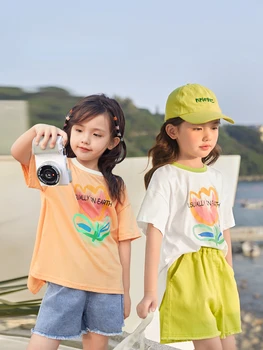 2023 Noi de Vara cu Maneci Scurte Contrast Gât Rotund Vrac Versatil Tulip Print T-shirt 4-6y Haine pentru Copii din Bumbac