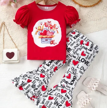 De vânzare cu amănuntul Nou pentru Copii Fete de Moda de Vara Valentine Seturi, Desene animate tricou + Pantaloni 3-7M
