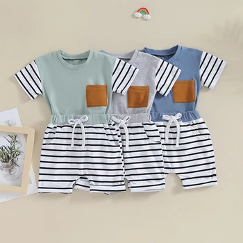 0-3Y Copil copil Copil Seturi de Îmbrăcăminte pentru Băieți, din Bumbac, cu Dungi de Imprimare Mozaic de Buzunar tricouri, Topuri, pantaloni Scurți Casual, Treninguri