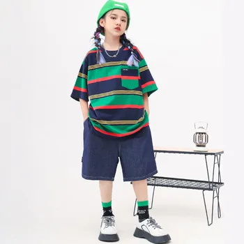 Copii Baieti Moda Streetwear Hip Hop Liber Short Sleeve Stripe T-shirt, pantaloni Scurți din Denim Seturi Copii Fete de Jazz Scena de Dans Haine