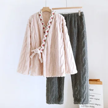 Femei Iarna Cu Fleece Îngroșată de Culoare de Contrast Dantela-up Pijama Set de Două Piese Răsucite Flanel Broderie Kimono Sleepwear