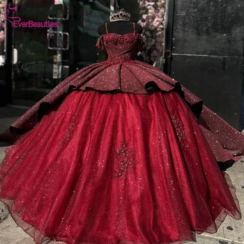 Burgundia Quinceanera Rochii pentru Femei Vestidos De 15 Ani Quinceañeras Rochie de Bal Sclipici Tul Rochie Sweet 16