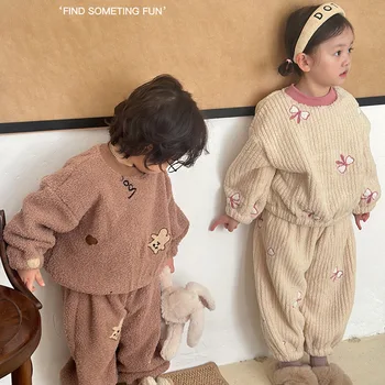 Băieți Fete Fleece Pijamale Copii de Iarnă cu mâneci Lungi Moale Desene animate Pulover Tricoul Set de Pantaloni Cald Îngroșa Homesuits