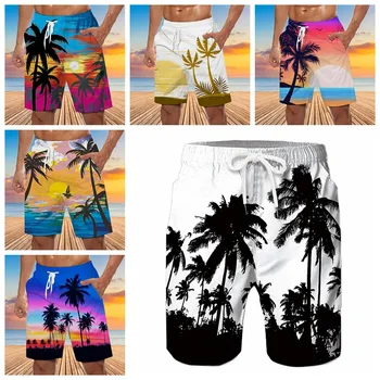 Copac de nucă de cocos 3D Îmbinare Gradient Multicolor pantaloni Scurți de Vară Noi de Înot pantaloni Scurți pentru Bărbați pantaloni Scurți de Plajă, Surfing pantaloni Scurți pentru Bărbați