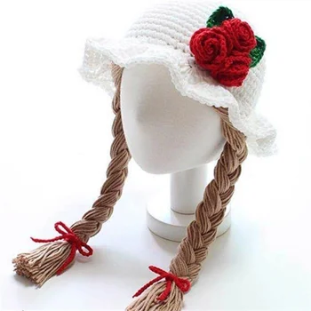 Iarna Cald Fata de Copil Pălărie Găleată de Flori Prințesă de Păr Panglica Coadă Peruca Capac de Lână Tricotate pentru Copii Copii, Fete, Palarii si Sepci