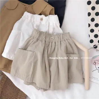 Stil Coreean Copilul Pantaloni Scurți De Bumbac Moale Moda Noua Destul De Subțire Buzunare Talie Elastic Culoare Kaki, Alb Casual