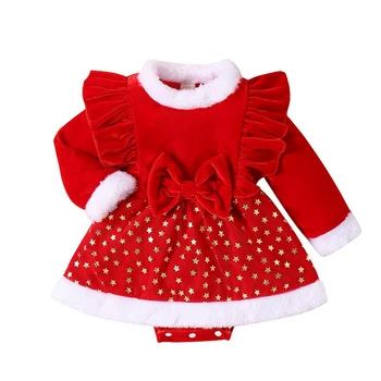 Crăciun pentru Copii Fete Romper Catifea Roșie Volane Fleece Imprimat Stele Arc Salopeta Nou-născut de Crăciun, de Anul Nou Costum 0-24M