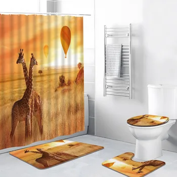 4buc/Set Girafa Perdea de Duș Animale Safari Pășuni Apus de soare Peisaj cu balonul cu aer Cald Decor Baie covor de Baie Covor de Acoperire de Toaletă