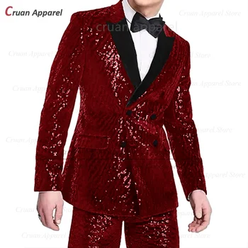 Moda Sequin Costum Seturi Pentru Bărbați de la masa de Seară, Croitor-a făcut Strălucitoare Costume Petrecere de Nunta Miri Catifea Rever Blazer Pantaloni 2 Buc