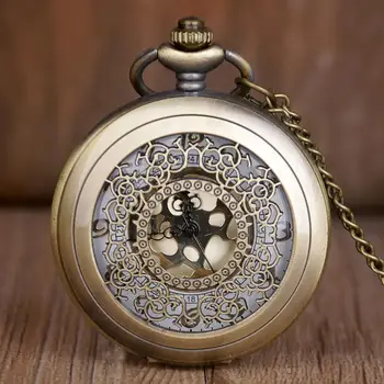 Noua Epocă Ceasuri de Buzunar Bronz Gol Design Cuarț Ceasuri de Buzunar de Lanț Colier Pandantiv pentru Barbati Femei Cadouri Ceas