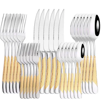30Pcs Aur Set de Cină din Oțel Inoxidabil de Epocă Tacamuri Set Cuțit Furculiță Lingură de Argintărie Bucătărie Tacâmuri Colorate