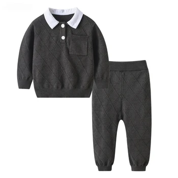 2023 Băieți Tricotate Două Bucata Set Copii Toamna Iarna Tricot Polo Tricou + Pantaloni Lungi Copii Pulover Tricotat Cu Topuri + Funduri