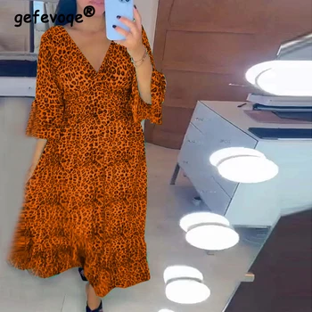 Femeile Zburli Epocă Leopard Print Supradimensionat Y2K Rochie Midi de Moda V Gatului Maneca 3/4 Casual Streetwear Rochii de Plaja Halat de Femme