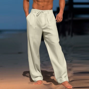 2024 Primavara Casual Nasturii De La Pantaloni Bărbați Îmbrăcăminte De Moda De Plajă Cu Cordon Pantaloni Vintage Sex Masculin Culoare Solidă Lenjerie De Pat Din Bumbac Pantaloni Lungi