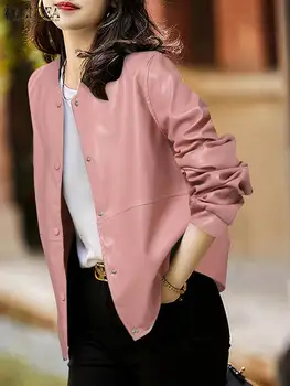 ZANZEA 2024 Noi din Piele PU Outwears Jachete Femei Toamna Solid Haine de Sărbătoare Moda cu Maneci Lungi Vrac Decorare Linie Sacou