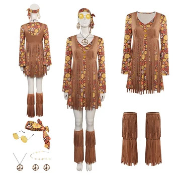 Retro anii ' 70 Hippy Cosplay Femei Costum Hippie, Vintage Disco Fuste Ochelari Cercei articole de acoperit capul Set Imbracaminte Petrecere de Halloween Costum