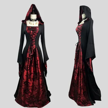 Halloween Femei Cu Glugă Rochie Medievală, Vampir, Vrăjitoare Epocă Cosplay Costum Roșu Fantoma Mireasa Rochie De Sex Feminin Gotic Înfricoșător Haină Lungă