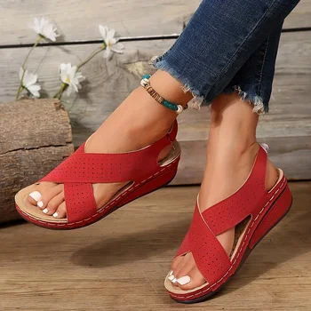 Femeile Perforate Wedge Sandale Cruce Curea De Culoare Solidă Cârlig Buclă Pantofi Confortabil Suport Arc Pantofi Platforma Platforma Zapatos Mujer