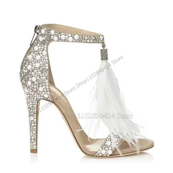 Pene De Cristal Decor Sandale Sandale Cu Fermoar Spate Femei Pantofi Tocuri Tocuri Înalte Noua Moda Elegant 2023 Zapatos Para Mujere