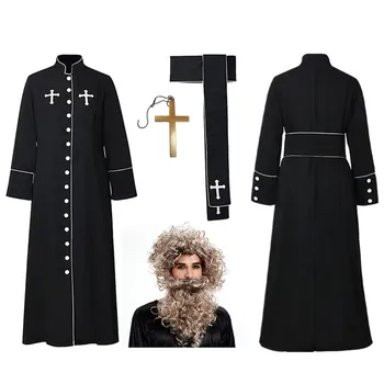 Bărbați Adulți Medieval Preot Costum Gotic Pastorul Robe Peruca Colier Masă Misionar Fantezie Carnaval De Halloween Costum Petrecere