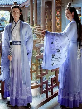 2024 Bărbați Chinez Hanfu Rochie Set Cruce Guler Orientale Antice Petrecere Cu Costume Cosplay Wuxia Costum De Lux Cuplu Violet Hanfu Set