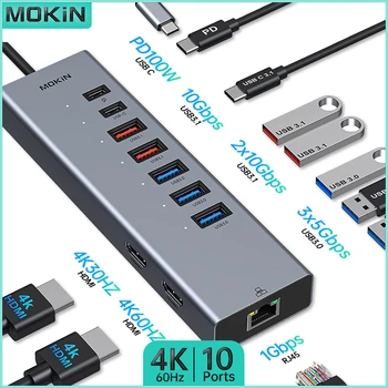 MOKiN 10 la 1 Stație de Andocare pentru MacBook Air/Pro, iPad, Thunderbolt Laptop - USB3.0, USB3.1, HDMI 4K60Hz, PD 100W, RJ45 1Gbps