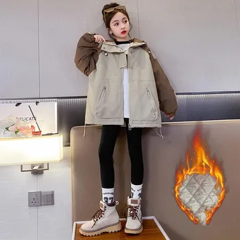 2023-Coreean De Iarnă Adolescentă Interchange Jacket Îngroșa Junior Fata Haină Cu Glugă De Culoare Blocarea Copii Fată Cald Uza