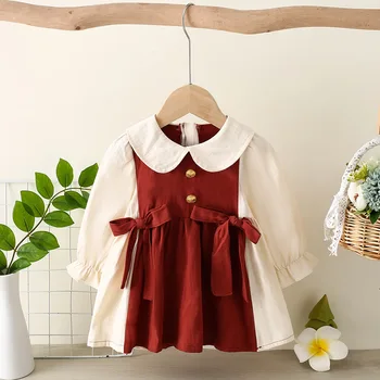 Autumnchildren îmbrăcăminte pentru fete rochie cu mâneci lungi cu arcul și rever mare de culoare de potrivire stil de colegiu tricou copii fusta