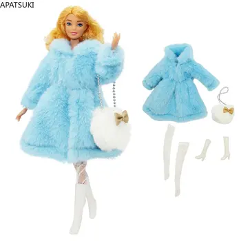 Albastru Faux Blana Haine Set Pentru Papusa Barbie Costume Șosete Cizme Sac De Pantofi 1/6 Papusi Accesorii Jucarii Copii 1:6