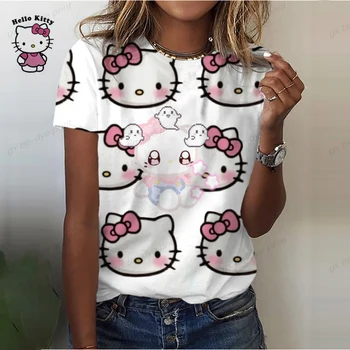 Femei T-shirt Casual Slim Rotund Gat Negru de Bază Moale Clasic Hello Kitty de Imprimare Respirabil Confortabil Tineri Femei Top