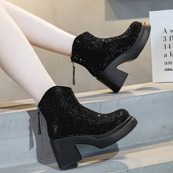 Cristal Femei Glezna Chelsea Cizme Bling Tocuri Inalte Femei Pantofi De Lux Noi De Iarna 2024 Brand De Moda Cald Scurt De Pluș Botas Mujer