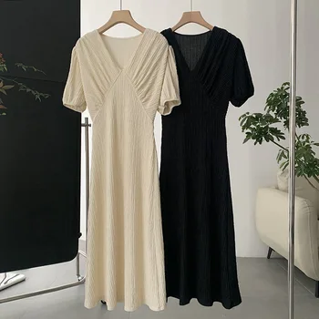 Retro V-gât rochie de slăbire pentru femei solide de culoare bule scurt cu mâneci mijlocul lungime ieftine casual, rochii femei