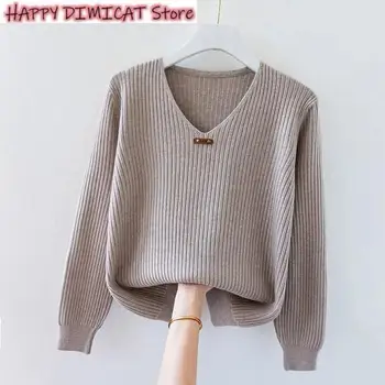 Femeile SweaterPullovers Top Nou Toamna V-Neck Maneca Lunga, Pulovere Tricotate Solid Coreeană De Bază Casual Jumper Bottom