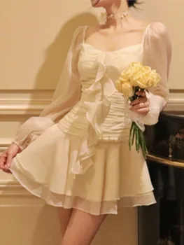 Femei Elegante Rochie Mini cu Maneci Lungi de Toamnă de Primăvară Volane-O linie Solidă coreean Y2K Petrecere Rochie Piese Vestidos