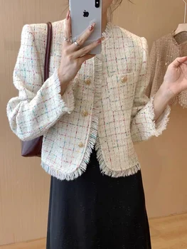 Jmprs Femei Dulce Ciucure Tweed Sacou Elegant Coreean Maneca Lunga Strat Șic De Primăvară De Moda O De Gât Se Potrivesc Casual Butoane Topuri