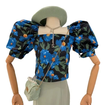Noi Vara Bumbac Imprimate Cu Albastru, Dulce Pătrat Guler Slim Crop Topuri Streetwear Confortabil Tricouri Vintage Femei Bluze