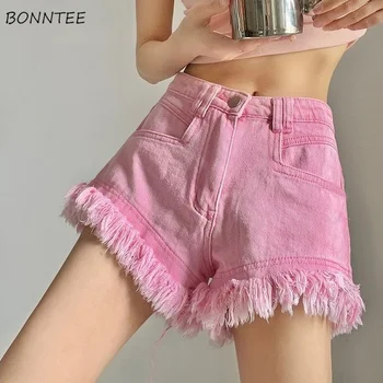 Pantaloni scurți Femei Roz Dulce de Vară în Stil Ciucure Spălate Denim Vintage Preppy Confortabil Toate-meci Imperiu de Modă Simplu High Street Ulzzang