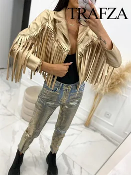TRAFZA Femei Casual Moda Streetwear Aur Sacou Decupată din Piele Faux Blana Maneca Lunga Cu Ciucure de sex Feminin de Îmbrăcăminte Chic Top
