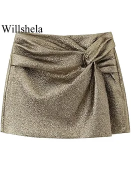 Willshela Femei De Moda Cu Arcul De Aur Cutat Fermoar Lateral Fuste Mini, Pantaloni Scurți De Epocă Talie Mare Sex Feminin Chic Lady Pantaloni Scurți