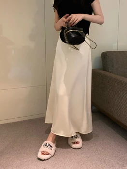 HOUZHOU Elegant Satin Alb, Fusta de Femei de Vară Talie Mare Epocă Solid Fuste Lungi coreeană de Moda Streetwear Casual, Office Lady