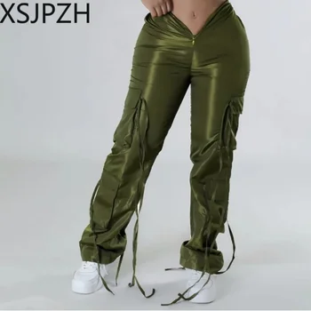 Xsjpzh 2023 Nou Pantaloni de Culoare Solidă femeii Streetwear Scăzut Talie Pantaloni Casual, cu Fermoar Deschide Aproape Obligatoriu Design Elegant Pantalons